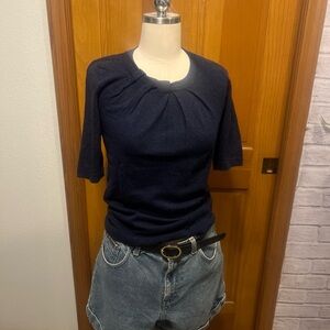 ANN TAYLOR NWOT Knit Short Sleeve Pleated Neck Dk Blue Sz XS Sweater Work Career